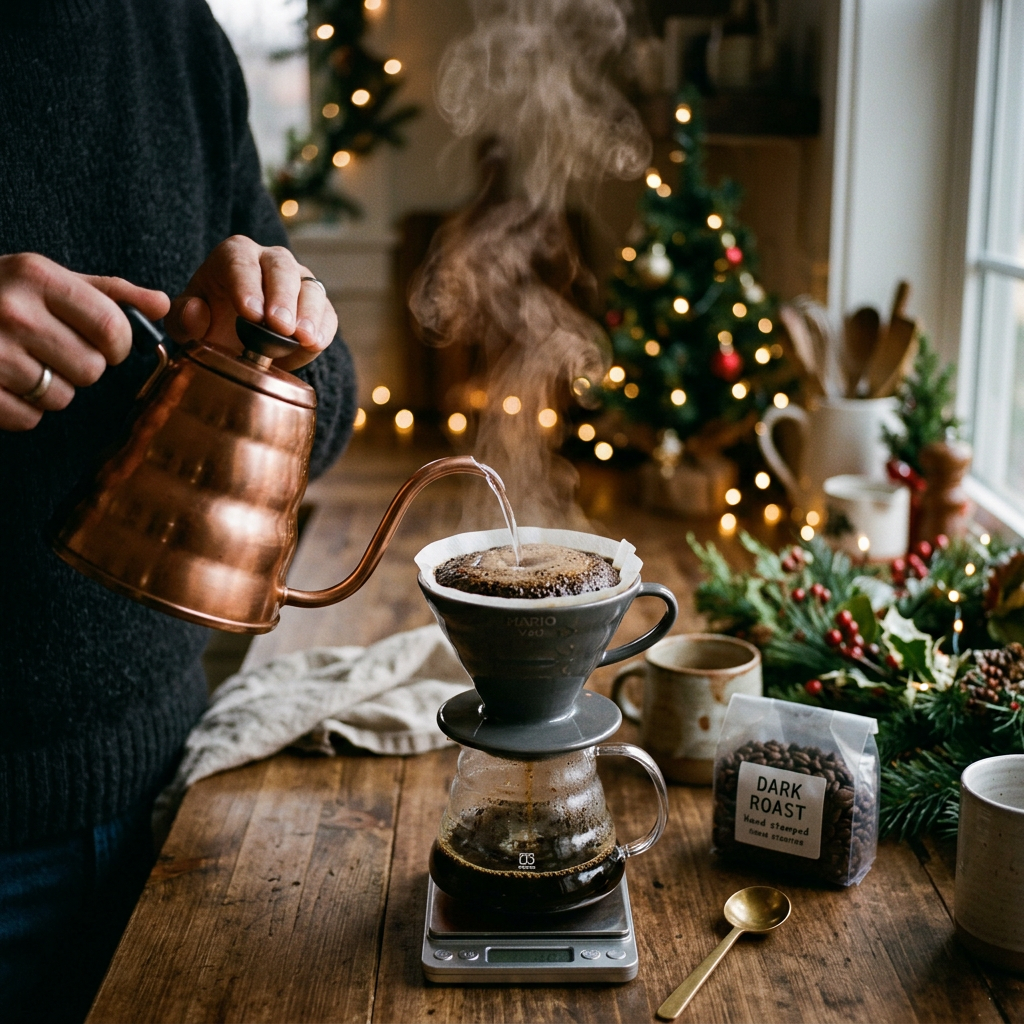 Brew visual — pour-over coffee brewing with gooseneck kettle and holiday background