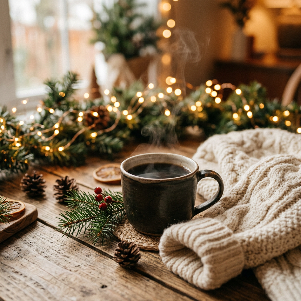 In-cup lifestyle — steaming mug of Ember & Steam Holiday Blend coffee in a cozy holiday setting