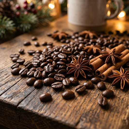 Origin and flavor detail — dark roasted Holiday Blend coffee beans with holiday spices